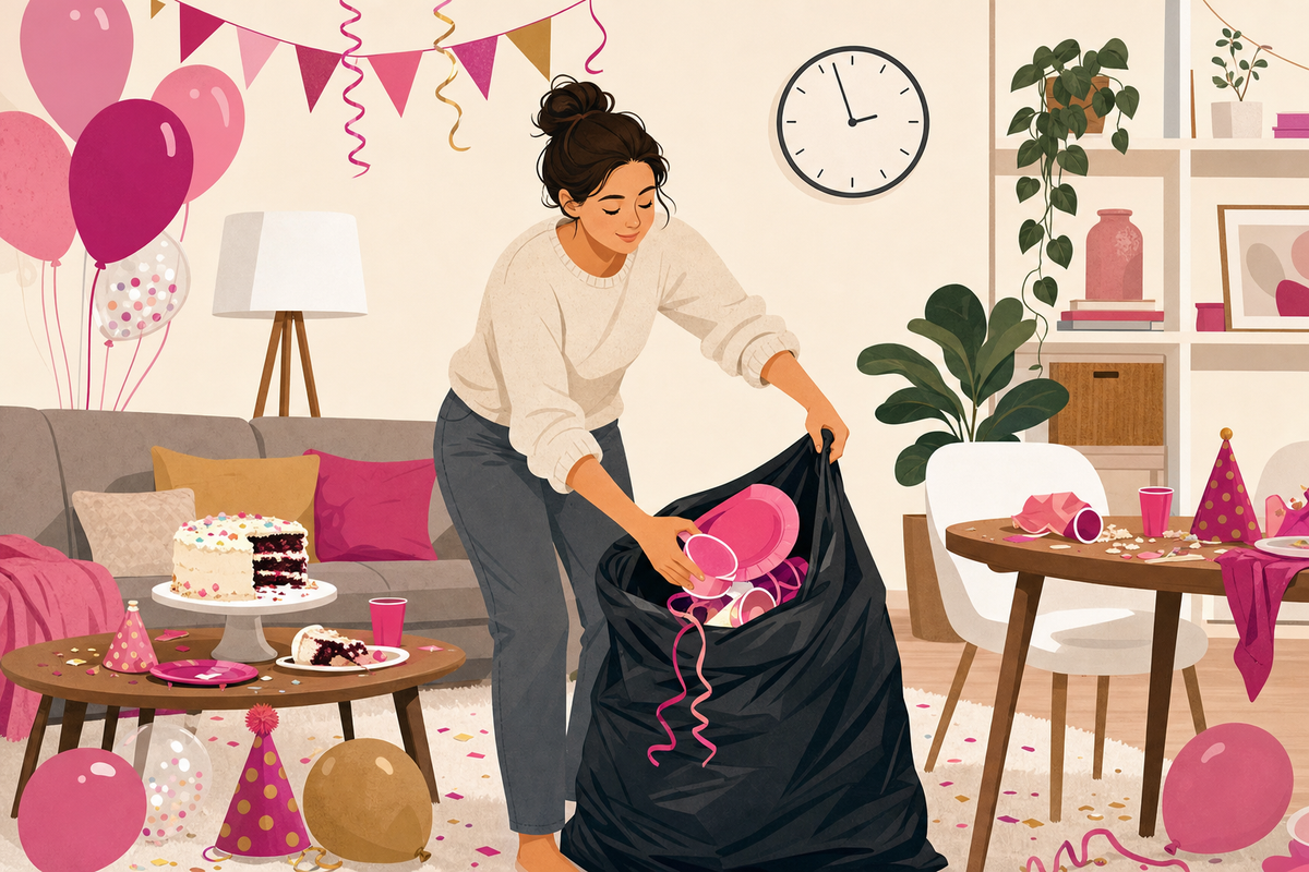 Flat illustration of a parent tidying up a colorful kids' birthday party scene alone, with balloons, confetti, and party decorations around the room.