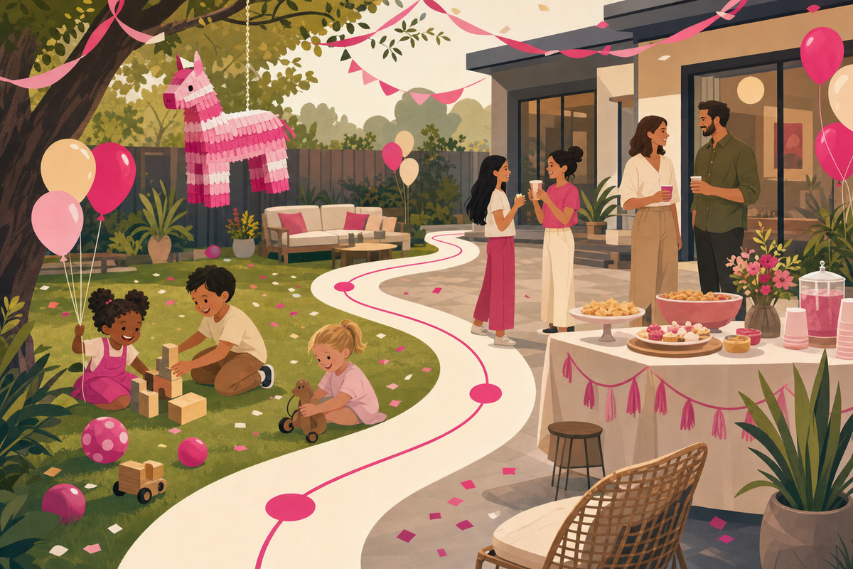 Flat illustration of a backyard birthday party with different activity zones connected by a flowing path, representing smooth transitions between activities at a mixed-age kids' party.