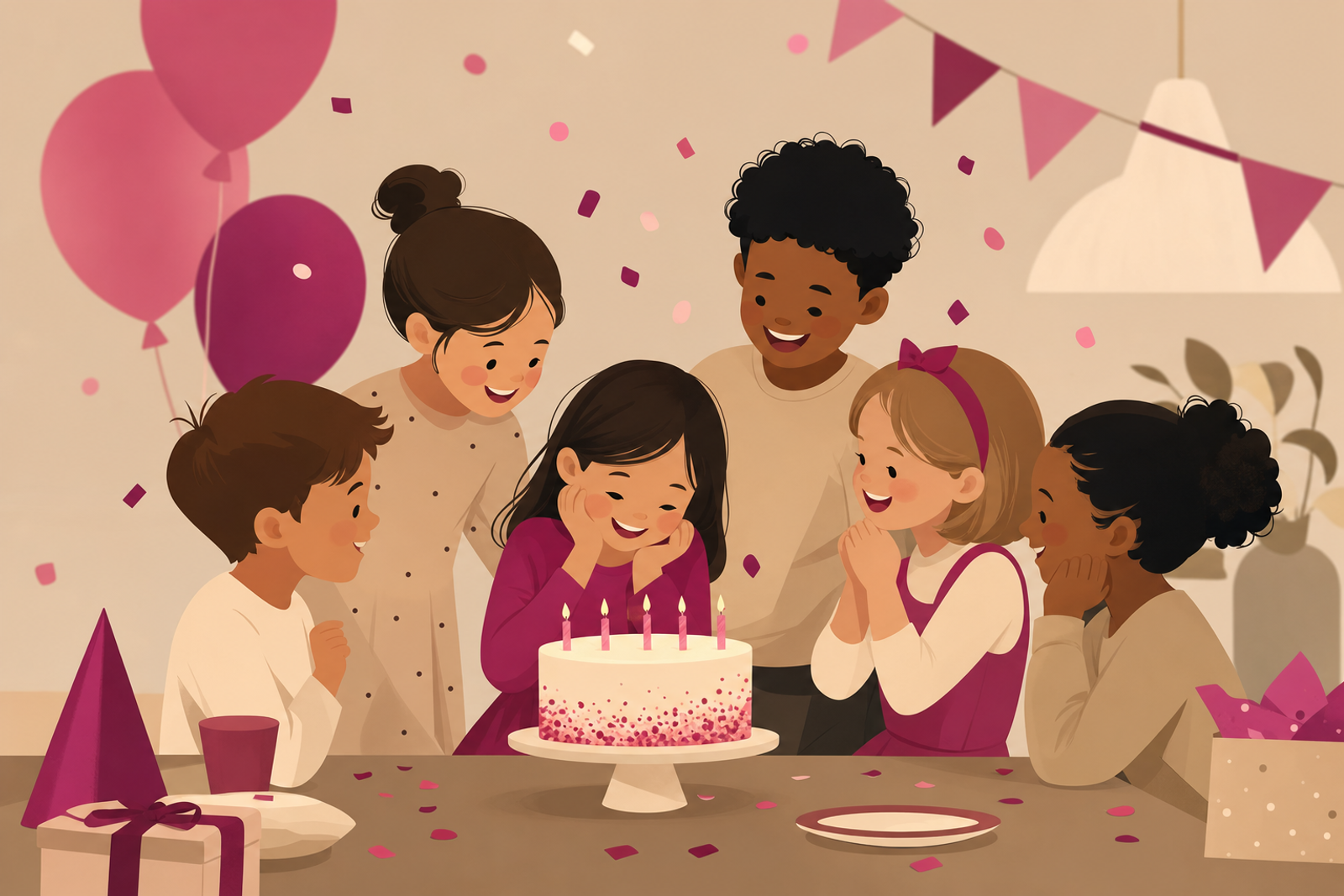 Illustration of a small, intimate birthday celebration with a few children gathered around a cake with confetti