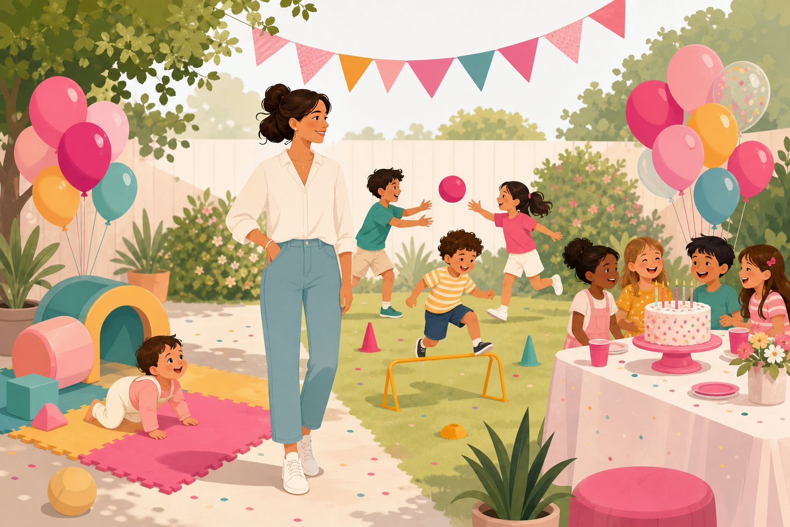 Flat illustration of a parent overseeing a backyard birthday party with toddlers and older kids playing in different zones, decorated with balloons and a cake table.
