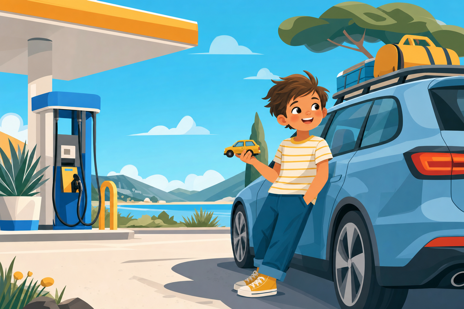 Young child engaged in play with a toy car during a gas station stop