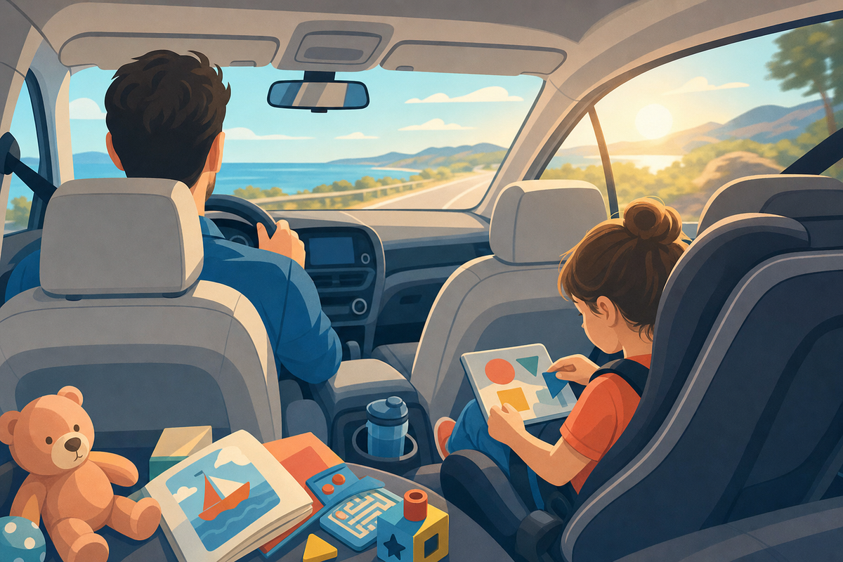 Illustration of adult driving with child engaged in activities in back seat during road trip