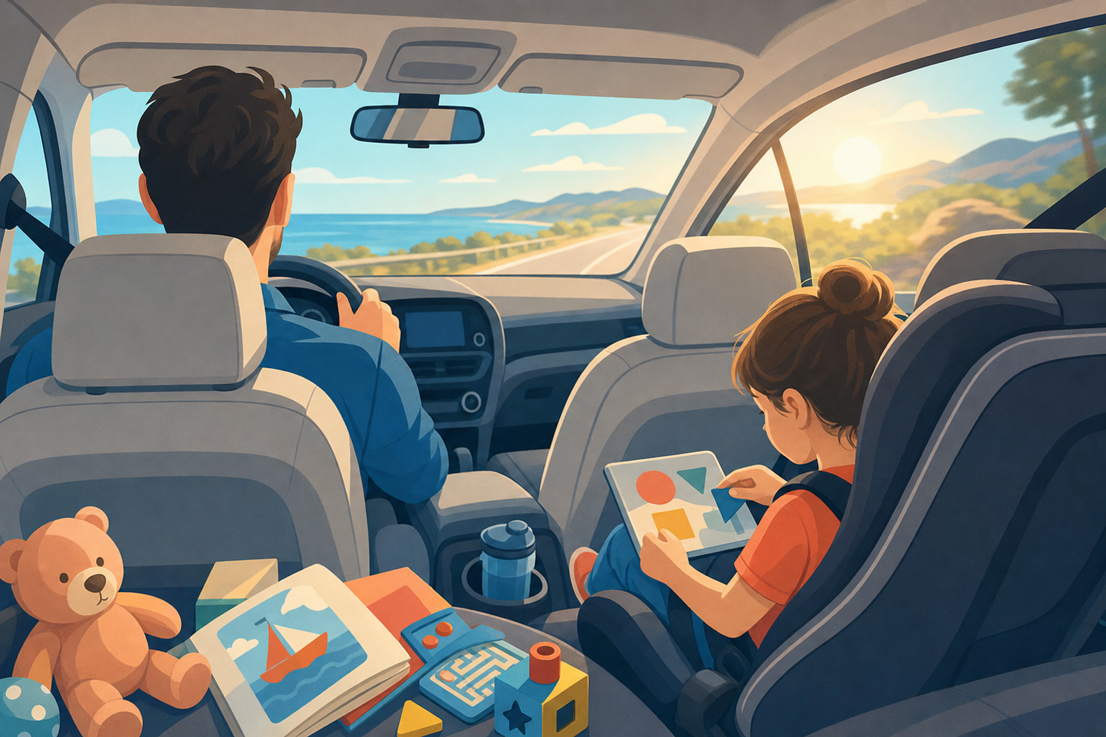 Illustration of adult driving with child engaged in activities in back seat during road trip