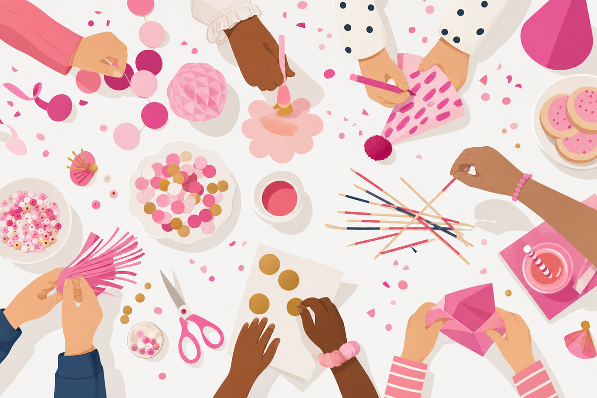 Overhead view of children's hands engaged in various DIY party activities and crafts on a table with festive decorations