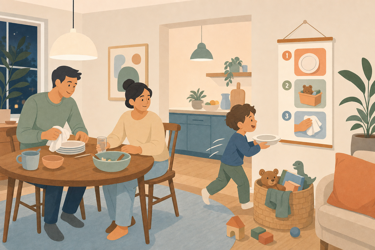 Flat illustration of a child cheerfully clearing dishes after dinner beside a simple picture-based cleanup routine chart on the wall.