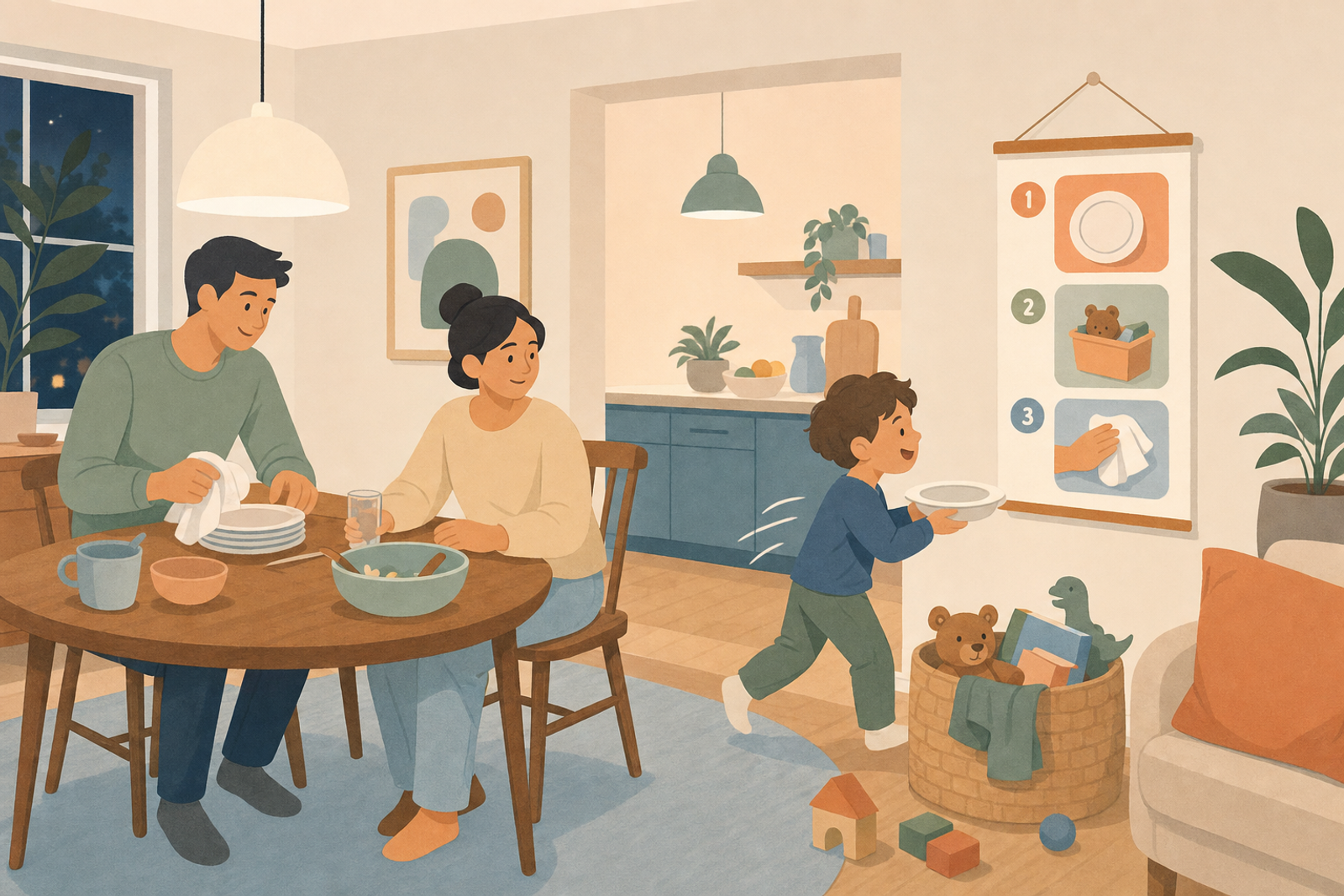 Flat illustration of a child cheerfully clearing dishes after dinner beside a simple picture-based cleanup routine chart on the wall.