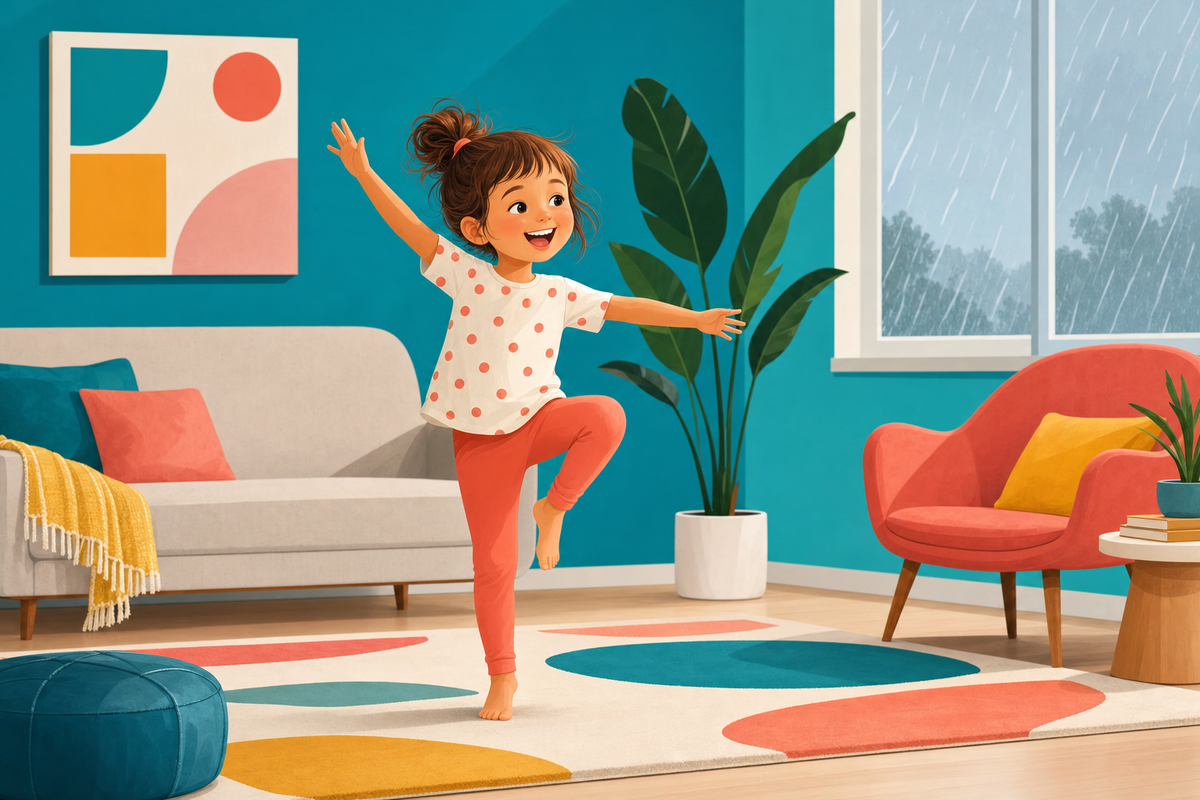 Energetic child playing indoors on a rainy day without toys or supplies