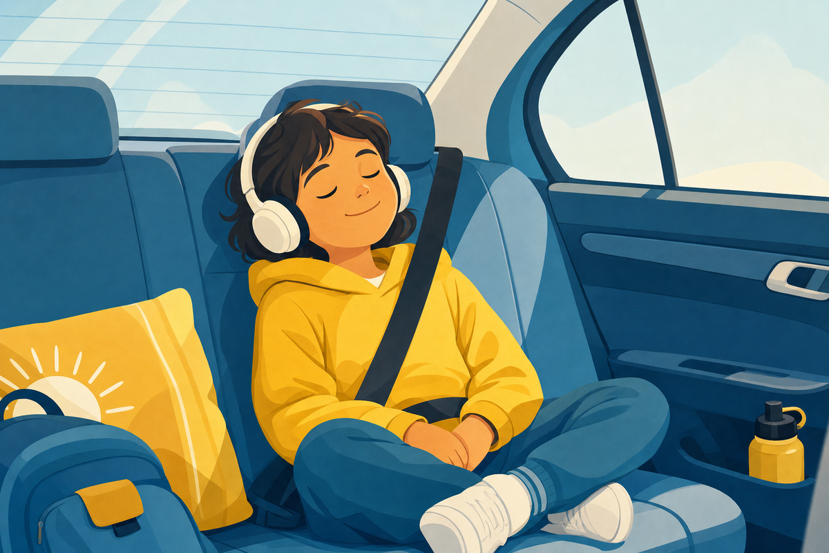 Child relaxing with closed eyes and headphones in car backseat, appearing comfortable and content during road trip