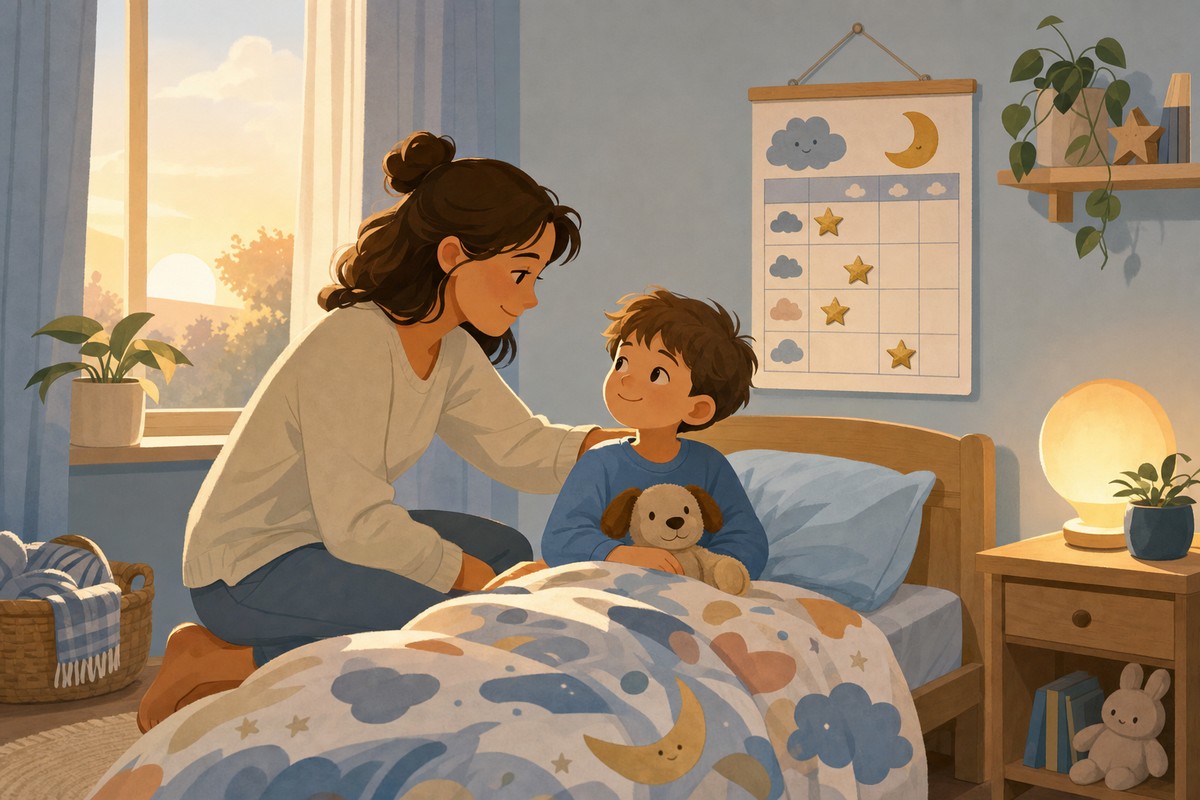 Illustration of a parent comforting a child beside a bed with a gentle star-based reward chart on the wall, representing shame-free encouragement for dry nights.