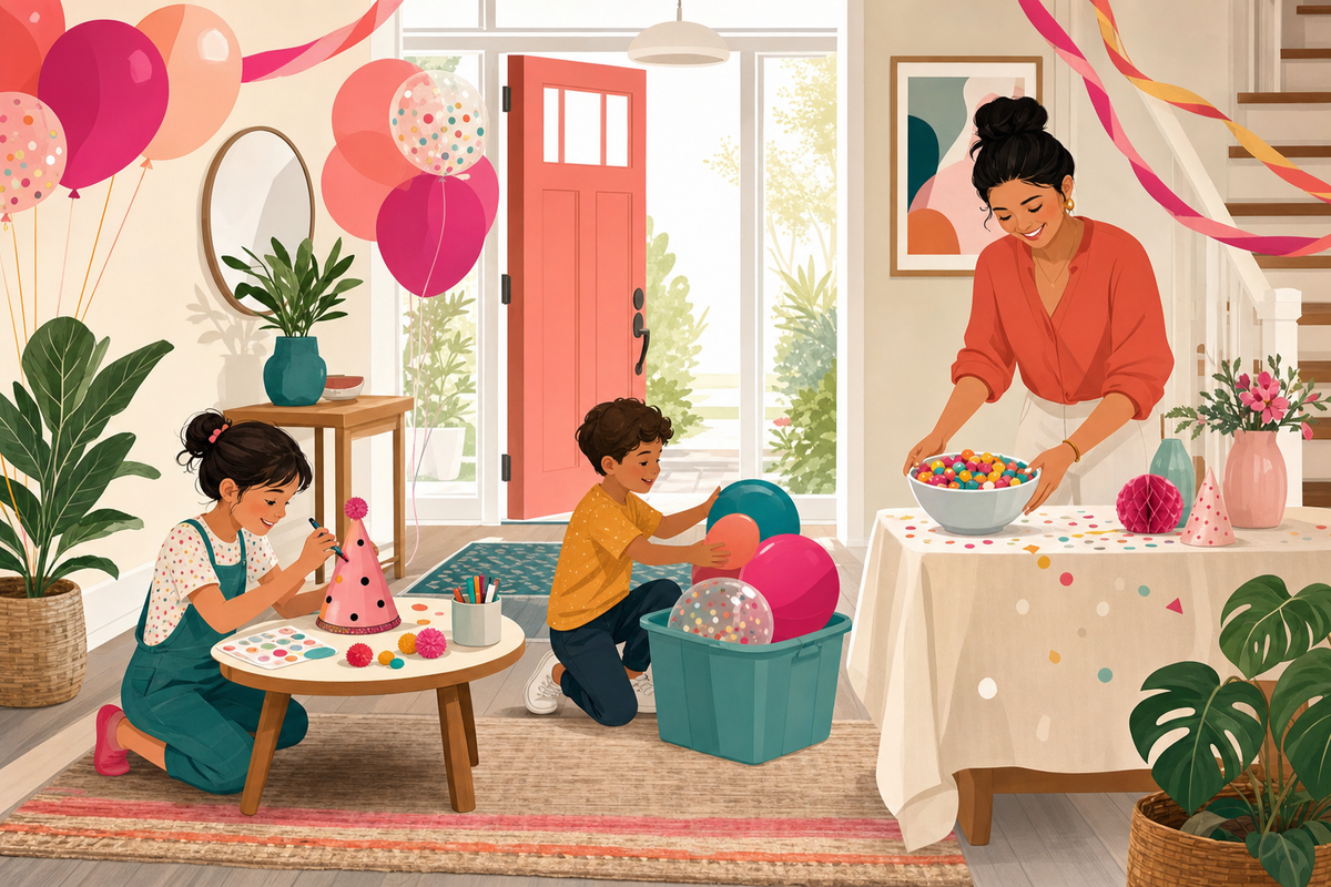 Flat illustration of kids happily occupied with party activities like decorating hats and arranging balloons during an early arrival at a birthday party.