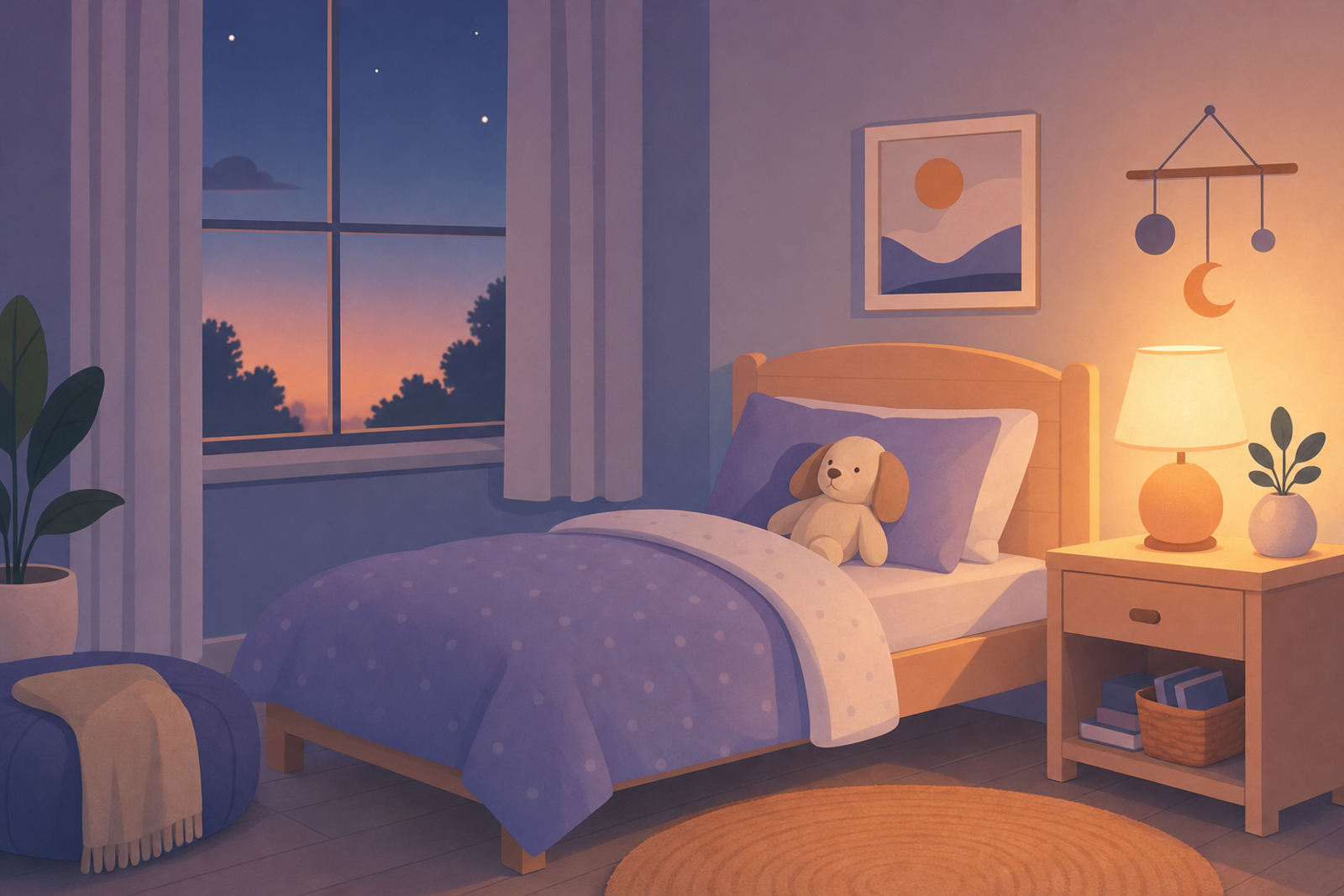 Calm bedroom scene with child's bed and warm lamp glow in pastel colors