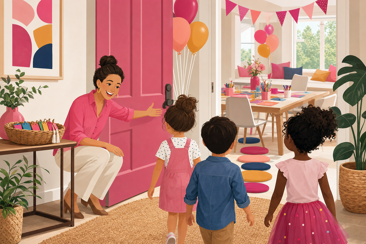Flat illustration of a host warmly greeting kids at the door of a birthday party, guiding them into a calm, organized celebration space.