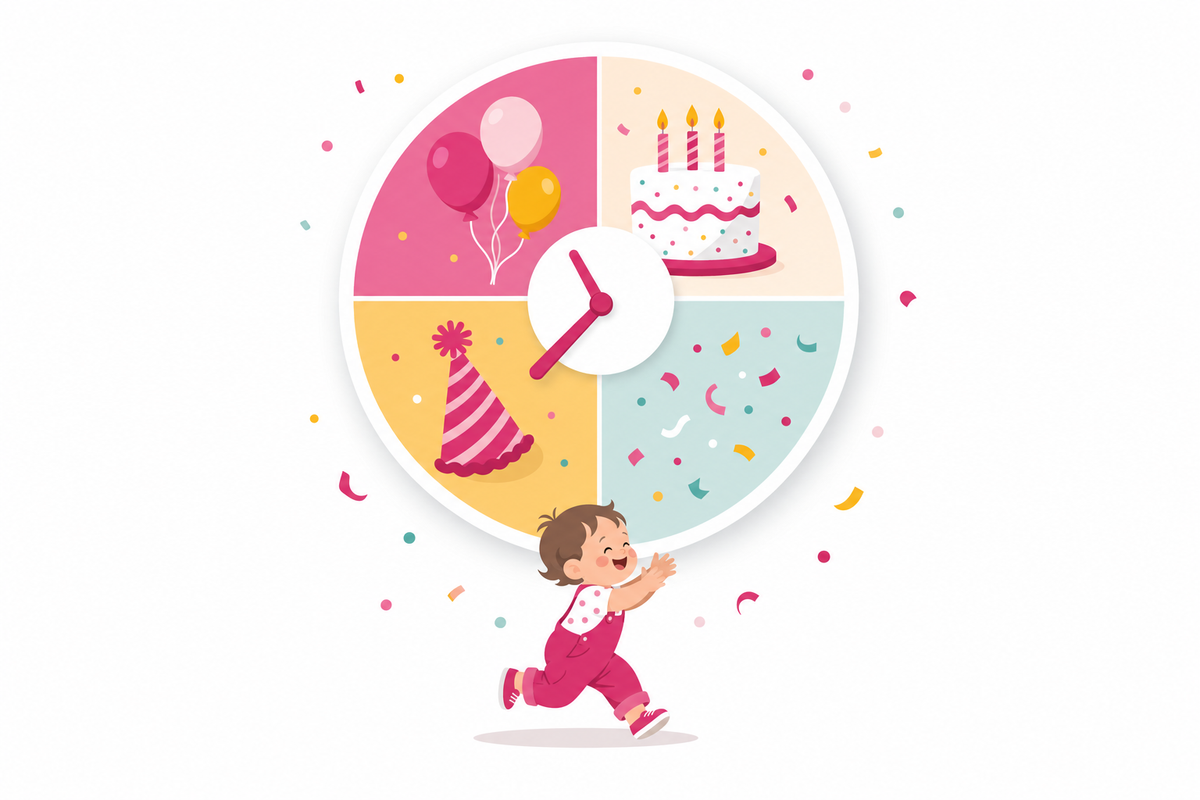 Flat illustration of a clock-like party timeline with balloons, cake, confetti, and a running toddler, representing a simple 90-minute birthday party plan for a 3-year-old.
