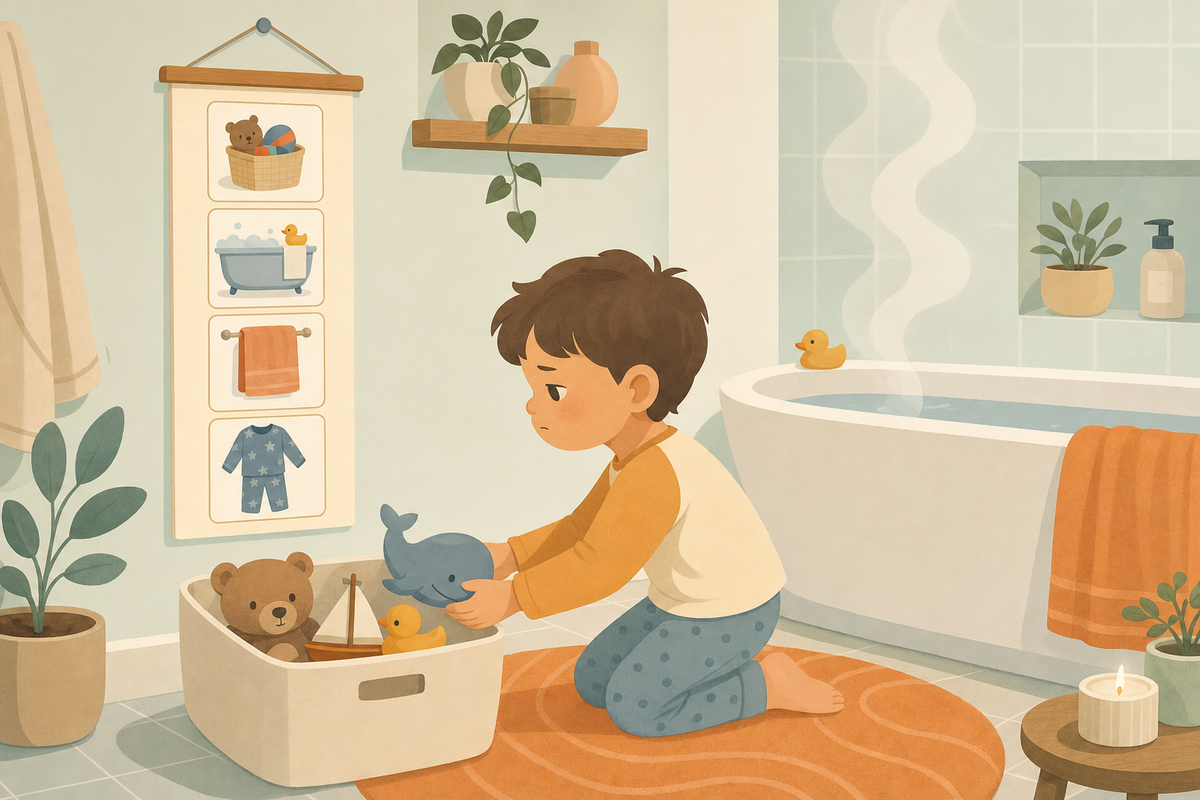 Flat illustration of a child by a bathtub with a picture-based bath-time routine chart on the wall, in a calm pastel and warm-orange color palette.