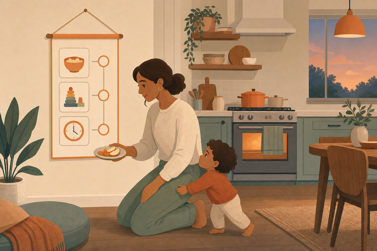 Flat illustration of a parent comforting a clingy, hungry child in the kitchen beside a simple icon-based before-dinner routine chart.