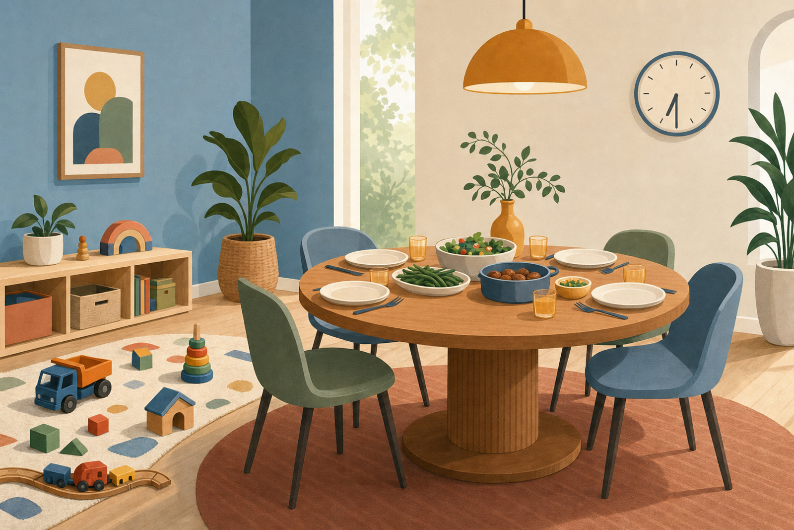 Illustration of a dinner table and scattered toys representing the transition from playtime to mealtime