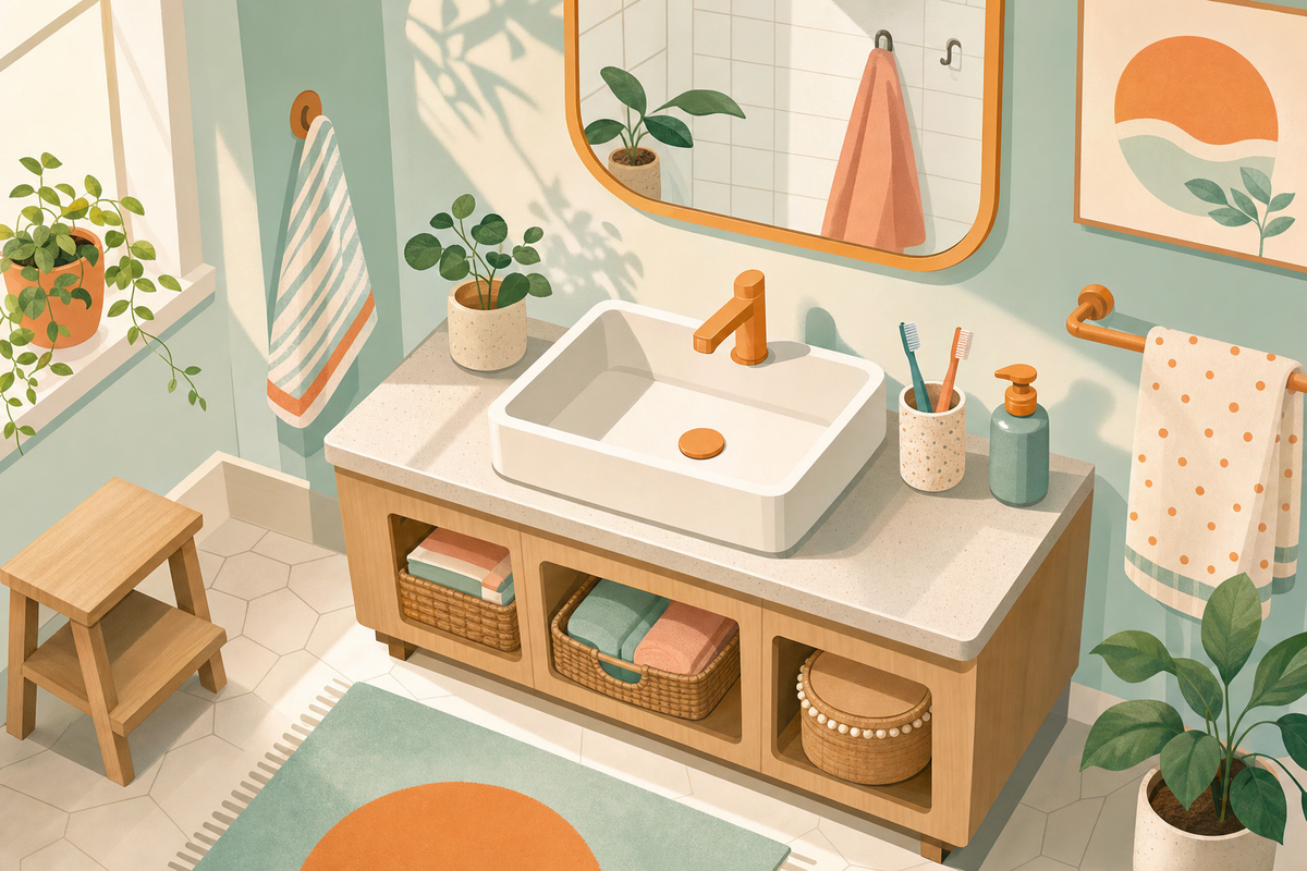 Minimalist illustration of a tidy bathroom with child-friendly sink and morning routine items in soft pastel colors