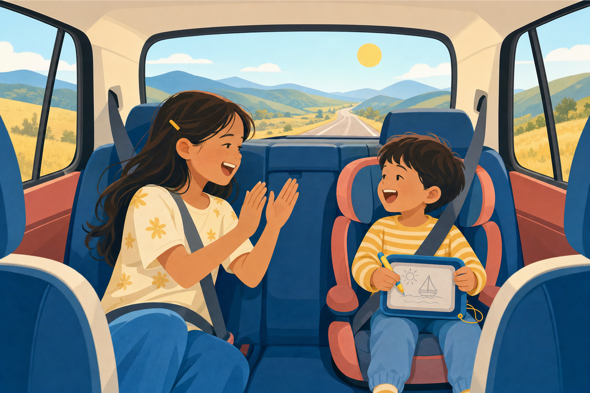 Flat illustration of two siblings of different ages playing a screen-free game together in the back seat of a car during a road trip, with a sunny landscape visible through the window.