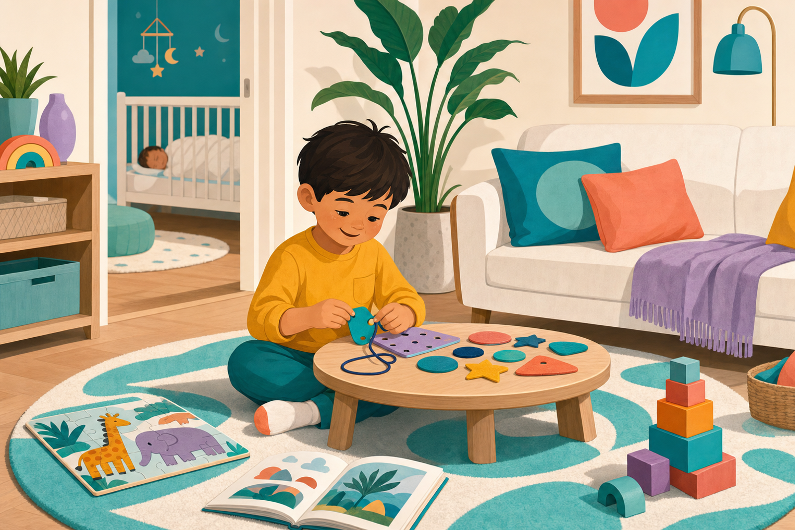 Flat illustration of a young child quietly playing with toys in a living room while a baby sleeps in a crib in the background.