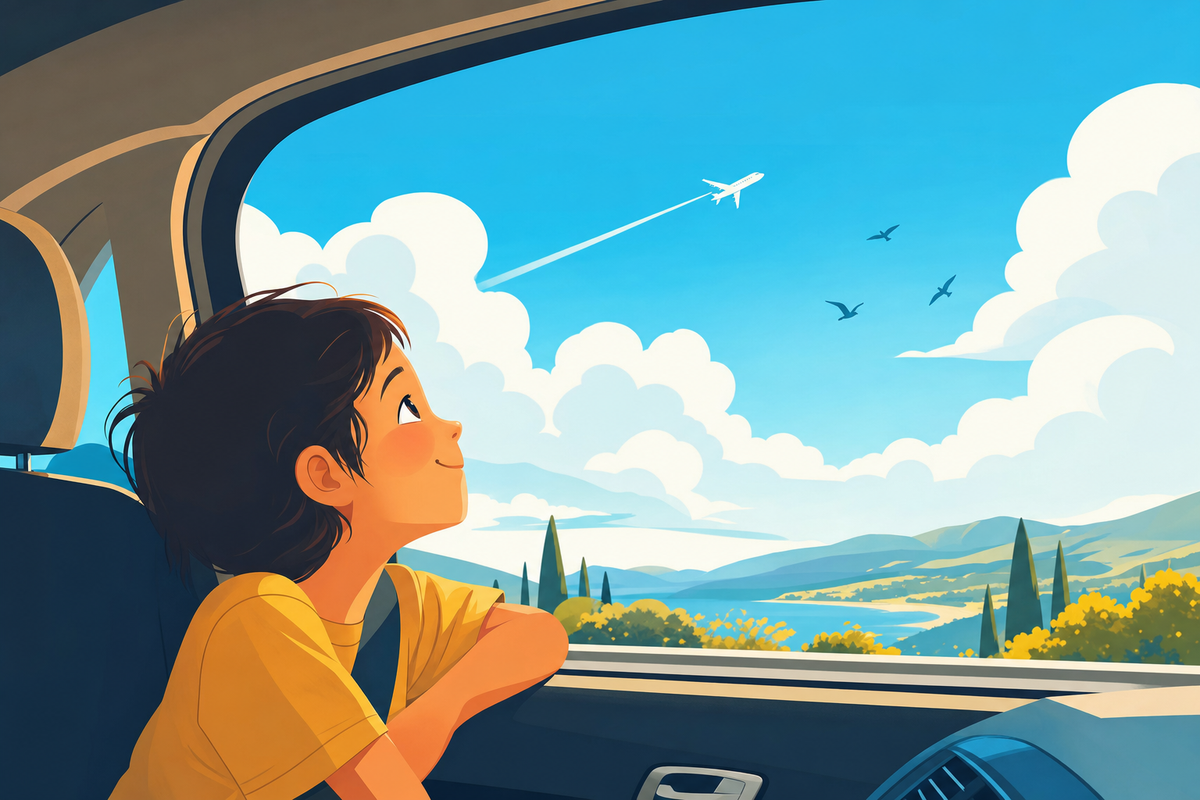 Child looking up through car window at clouds and sky, representing screen-free activities for kids prone to car sickness