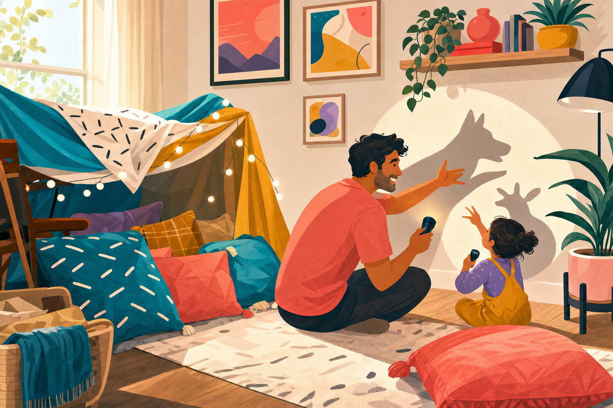 Parent and child playing together indoors during a power outage, making shadow puppets and building a blanket fort