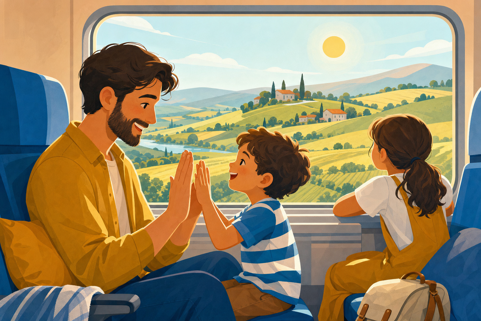 Flat illustration of a parent and two young children playing a simple hand game together while riding a train, with countryside scenery passing by the window, in a calm sky-blue and sunshine-yellow color palette.