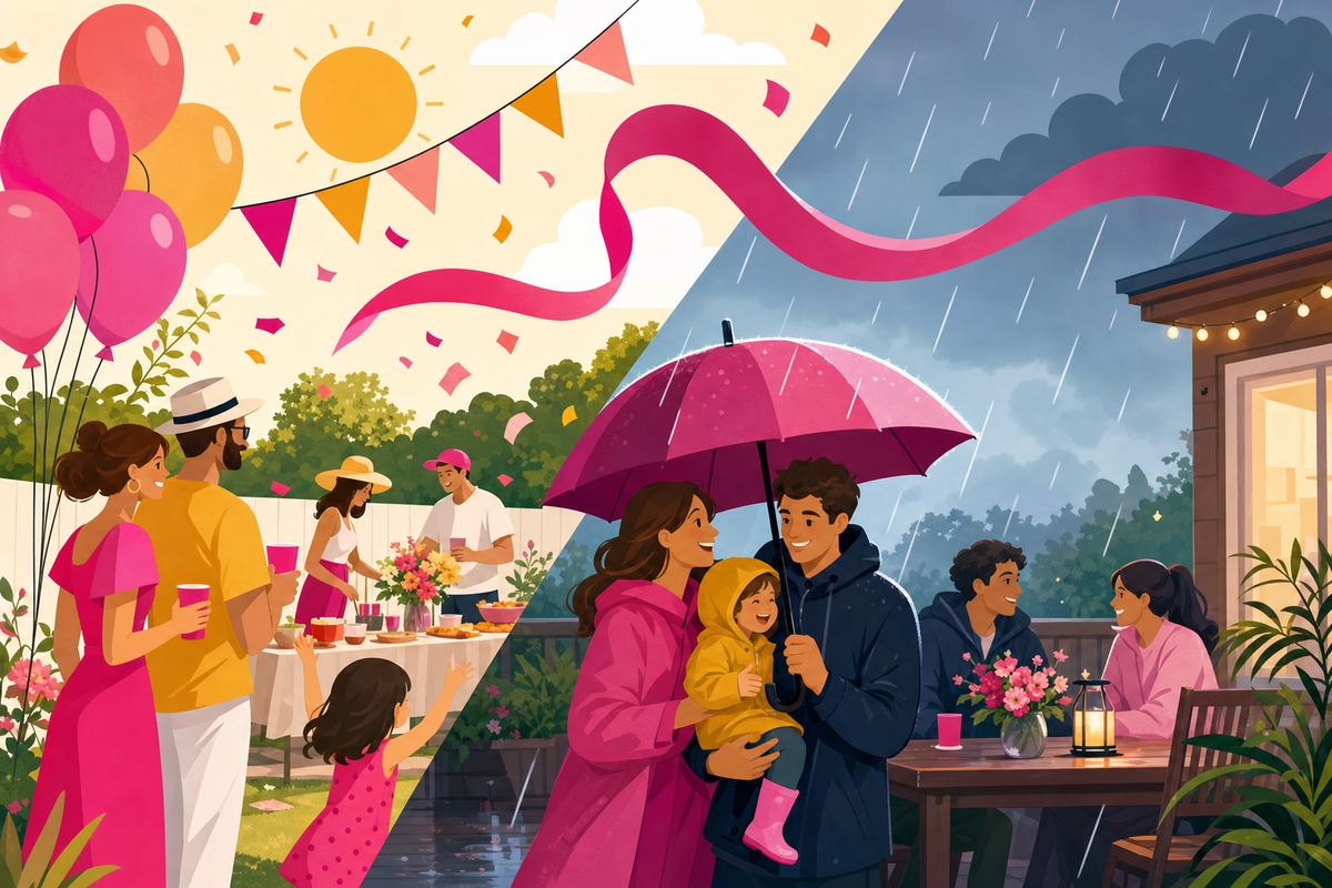 Split scene illustration showing a backyard birthday party in both sunny and rainy weather conditions
