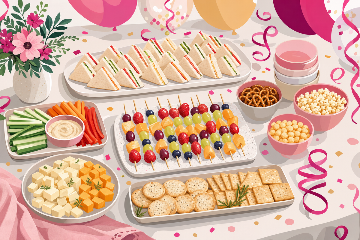 Flat illustration of a birthday party food table with simple, kid-friendly finger foods and backup snacks arranged for picky eaters, decorated with festive pink and magenta accents.