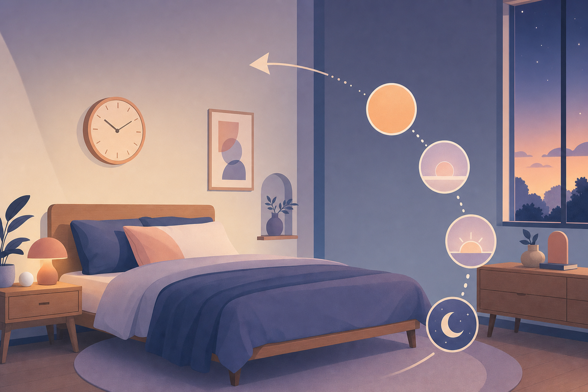 Minimalist bedroom interior with clock and abstract shapes suggesting backward time flow, illustrated in calm pastel colors