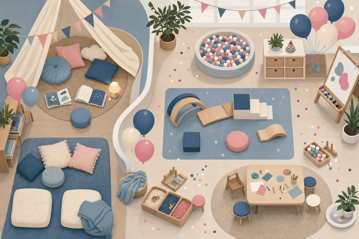 Illustrated overhead view of a thoughtfully organized birthday party space with separate quiet and active zones, featuring soft seating areas and gentle activity stations in calming colors
