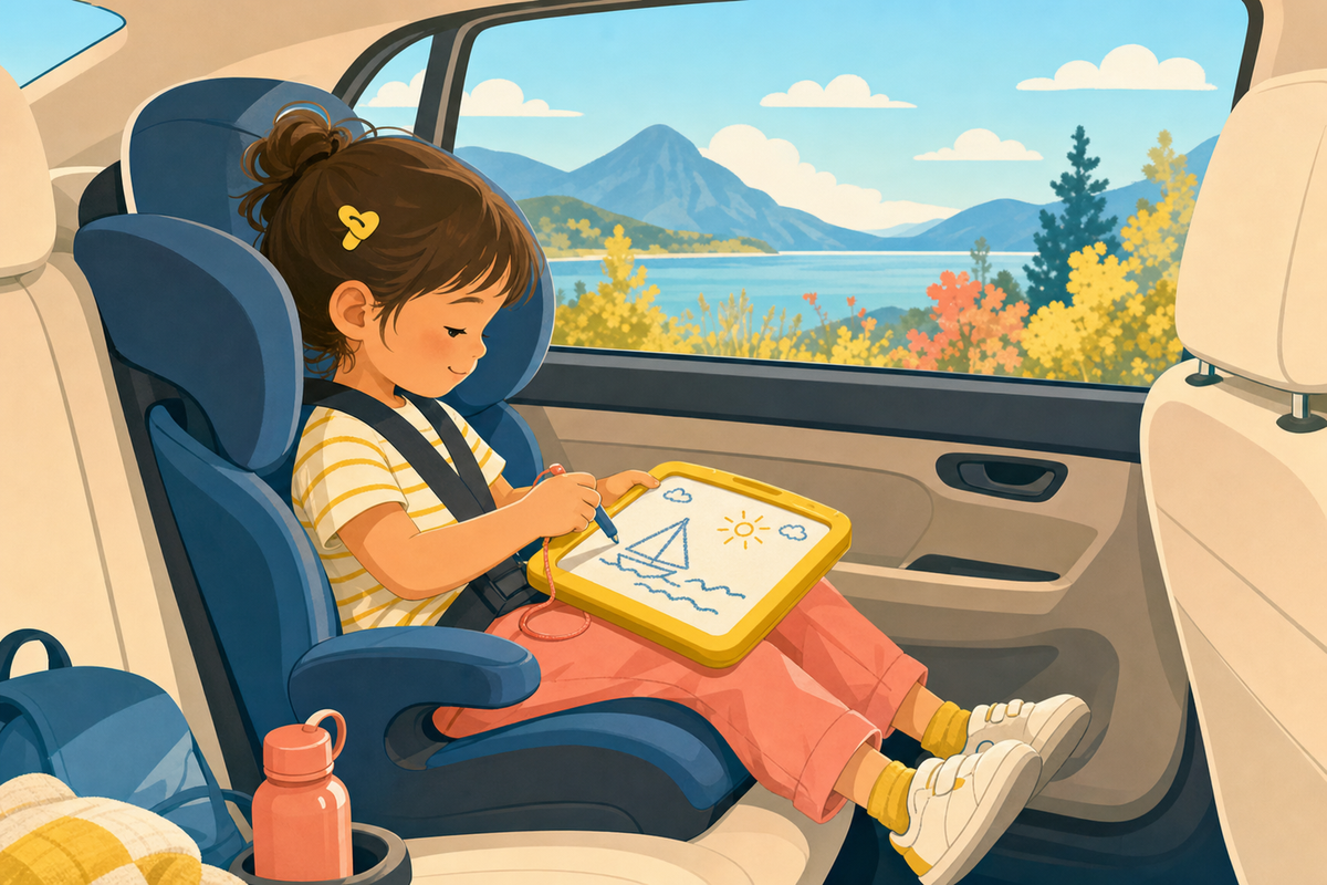 Illustration of a young child contentedly playing with a quiet activity in their car seat during a road trip