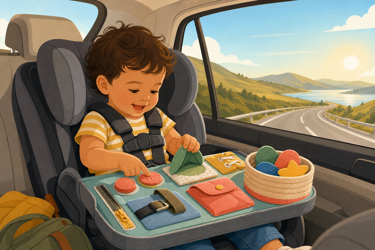 Flat illustration of a toddler in a car seat playing with screen-free tactile toys while riding through a sunny countryside on a road trip.
