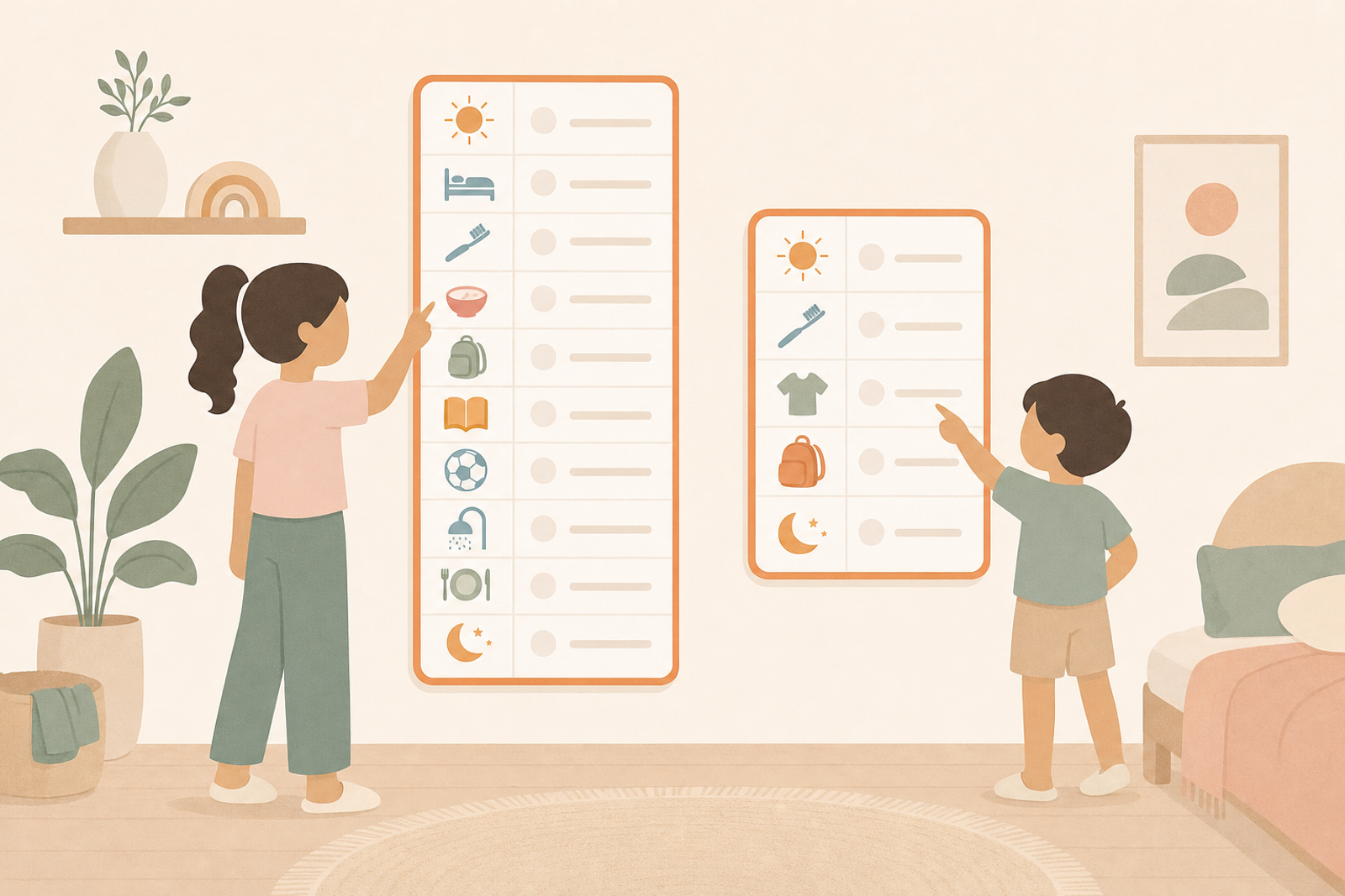 Flat illustration of two differently sized routine charts on a wall with two children of different heights referencing their own personalized charts, in a soft pastel and warm-orange palette.
