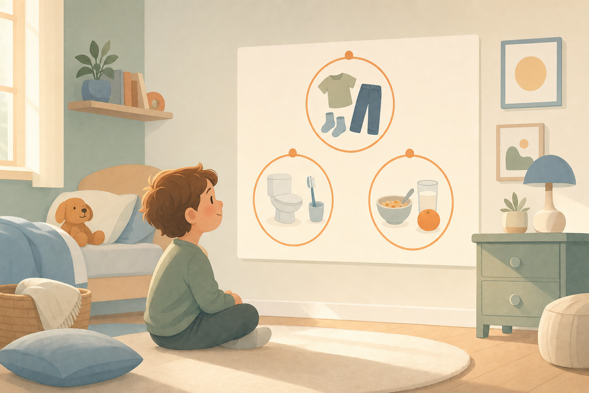 Flat illustration of a calm child looking at a simplified wall chart with grouped morning routine icons, representing step-chunking for overwhelmed kids.