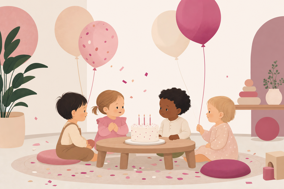Calm toddler birthday party illustration showing young children peacefully gathered around a simple cake with floating balloons in a serene, organized setting