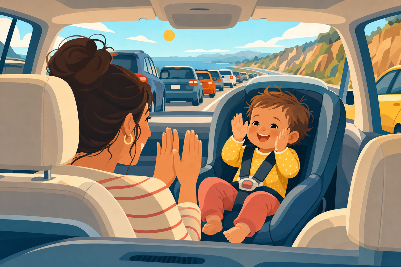 Flat illustration of a parent playing a hand-clapping game with a toddler in a car seat while stuck in gentle traffic, conveying calm toy-free entertainment during a car ride.