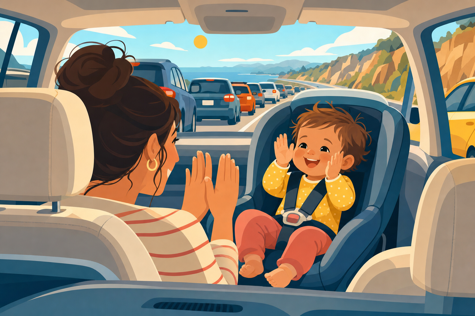 Flat illustration of a parent playing a hand-clapping game with a toddler in a car seat while stuck in gentle traffic, conveying calm toy-free entertainment during a car ride.