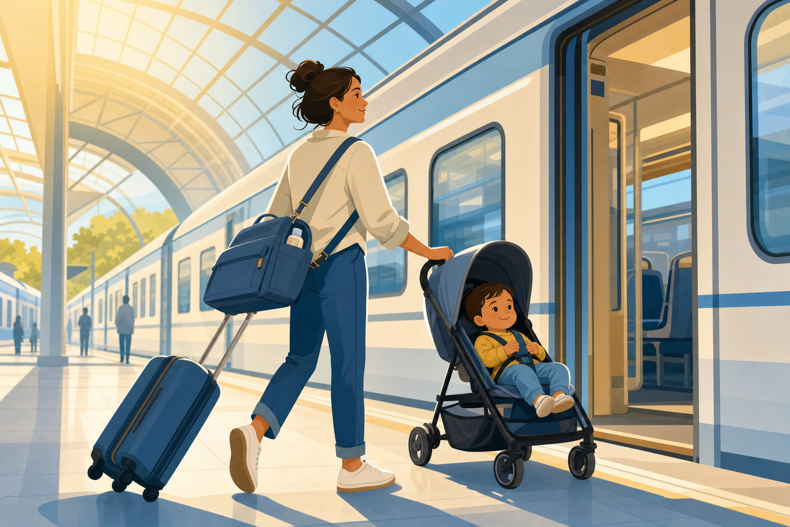 Flat illustration of a parent alone on a train platform managing a stroller with a toddler and a suitcase as they prepare to board a train.