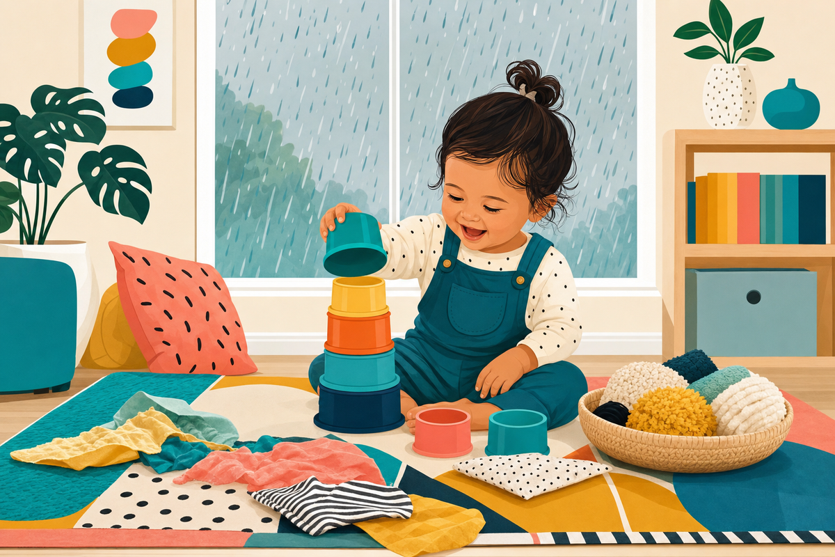 Toddler playing with mess-free sensory toys indoors on a rainy day