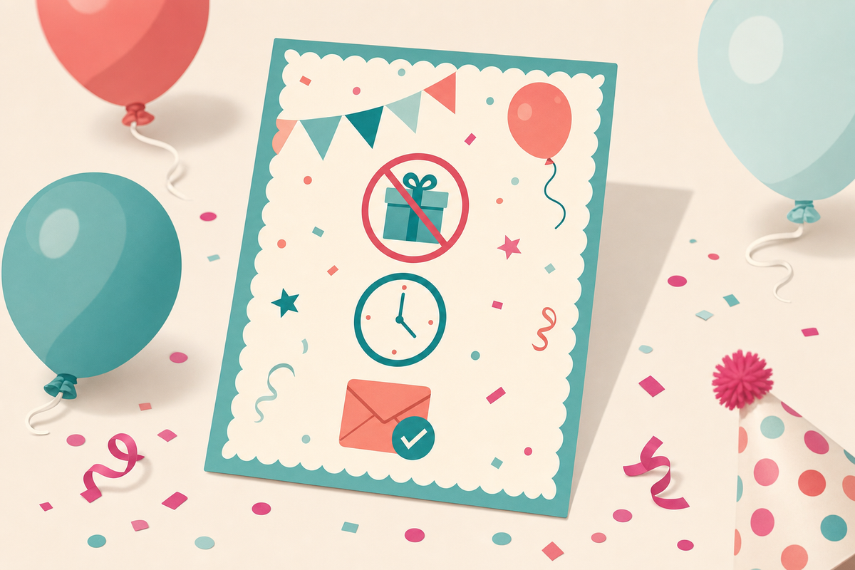 Flat illustration of a birthday invitation card with icons showing a crossed-out gift, a clock, and an envelope with a checkmark, surrounded by confetti and balloons, representing no-gifts invitation wording with end time and RSVP details.