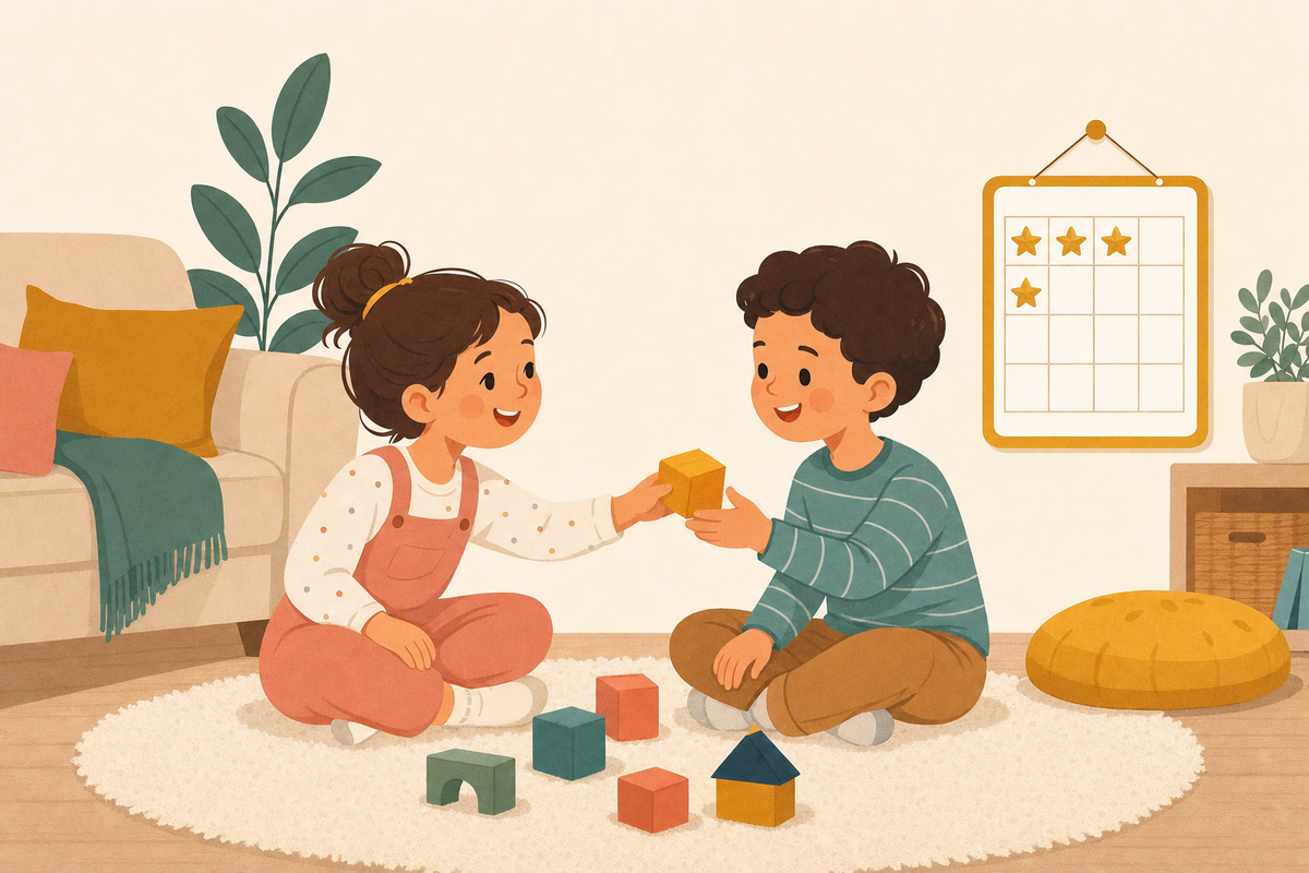 Two young siblings happily sharing a toy in front of a sticker chart with gold star stickers on the wall.