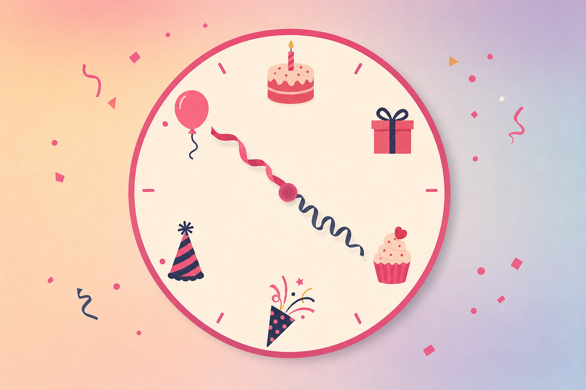 Flat illustration of a clock face surrounded by birthday party icons like cake, balloons, and gifts, symbolizing a kids birthday party timeline by age.