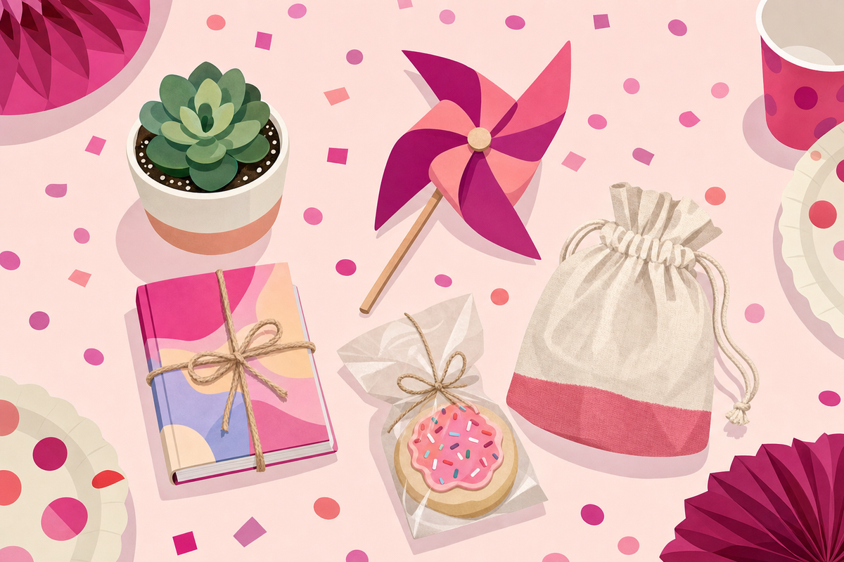 Flat illustration of creative party favor alternatives like a succulent, pinwheel, and wrapped treats arranged on a table with confetti, representing budget-friendly alternatives to goodie bags.