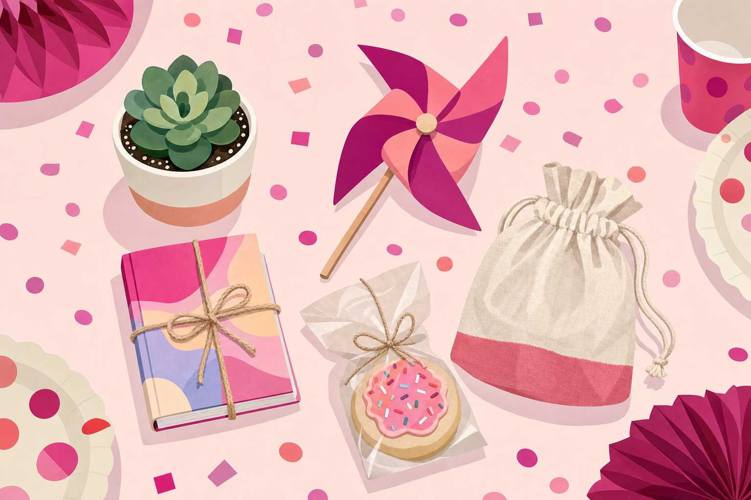 Flat illustration of creative party favor alternatives like a succulent, pinwheel, and wrapped treats arranged on a table with confetti, representing budget-friendly alternatives to goodie bags.