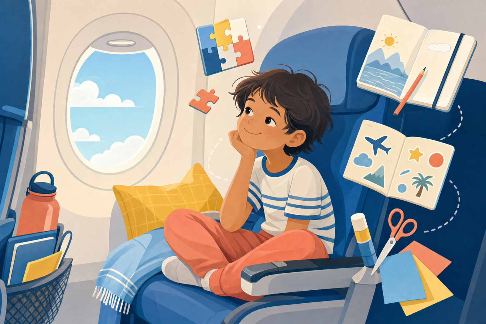 Child enjoying screen-free activities on an airplane, surrounded by puzzles, journals, and crafts near the window seat