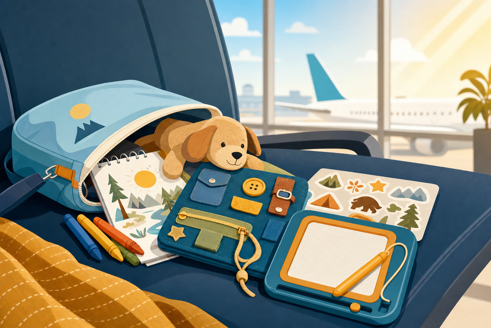 Flat illustration of a screen-free airport activity pack with coloring supplies, a busy board, and a small toy spread out on an airport seat near a window with a plane outside.