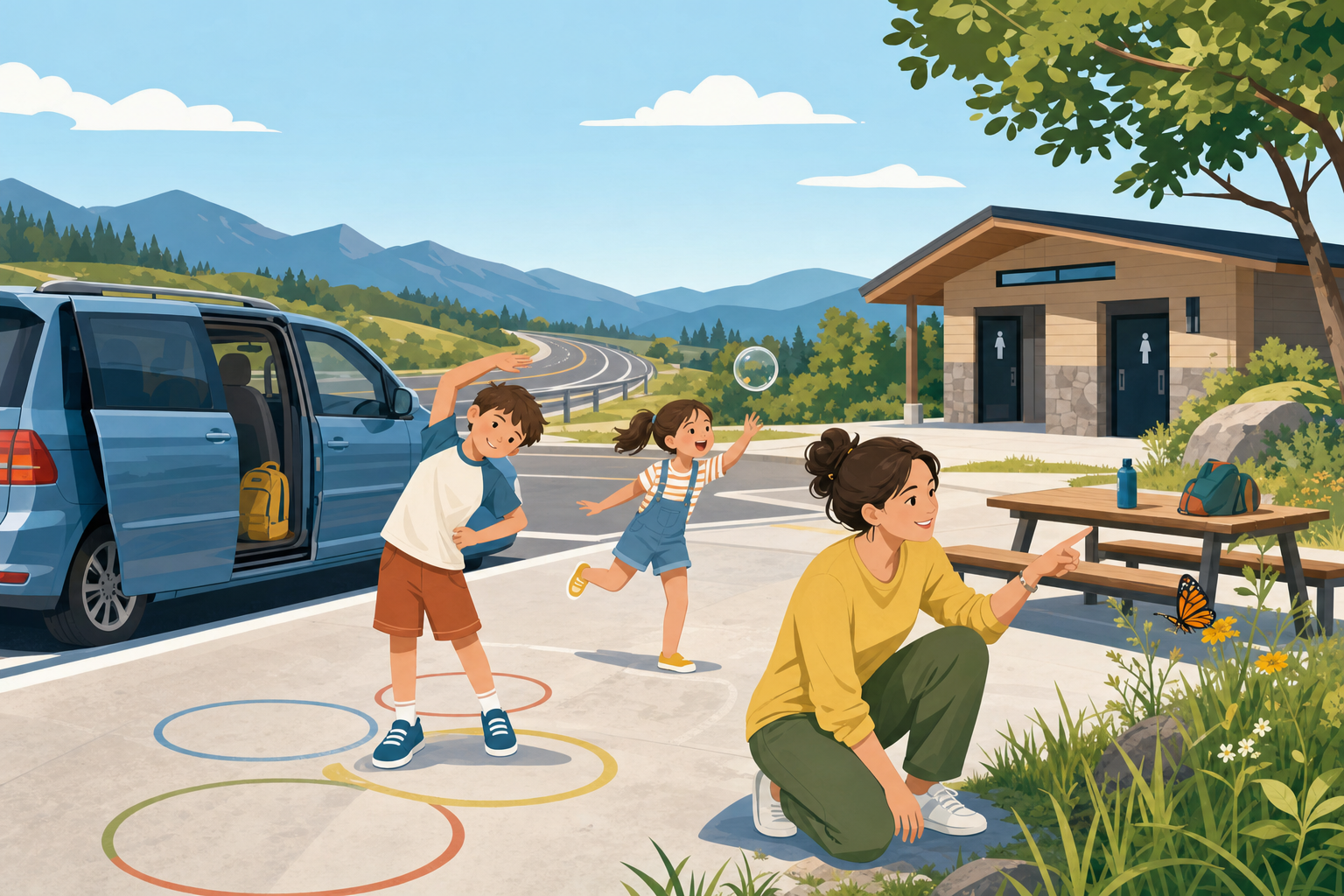 Flat illustration of a family taking a screen-free potty stop break at a highway rest area, with kids stretching and playing near a parked minivan.