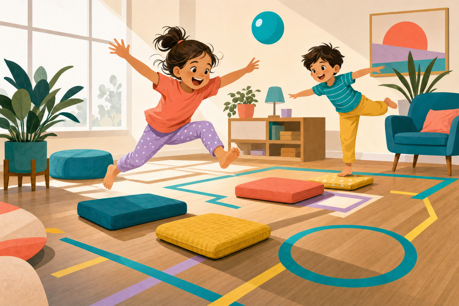Flat illustration of two energetic young children jumping and balancing through a colorful, no-mess indoor obstacle course made of cushions and tape lines in a bright living room.