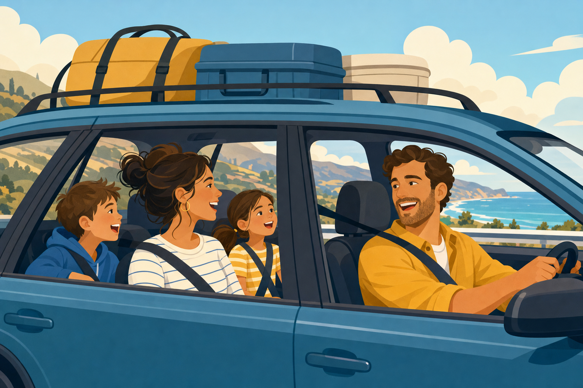 Family enjoying verbal car games together during a road trip, illustrated in modern flat style
