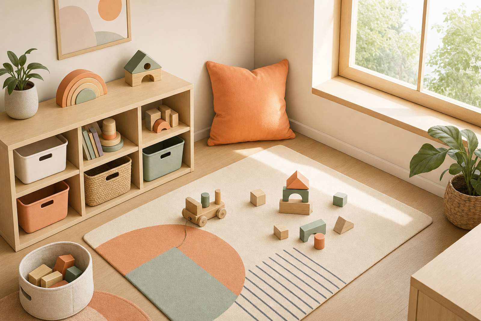 A peaceful play corner with organized toys and natural light, illustrating an inviting space for independent play time